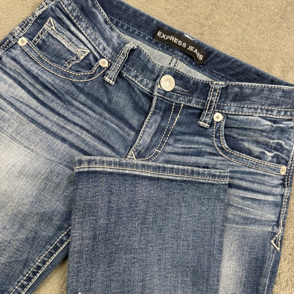 Express Barely Boot Jeans Women 0 Blue Excellent Stella Low Rise Heavy Stitch